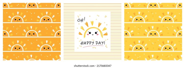 Set of Cute Sunset or Sunrise Smiling Faces Striped Seamless Patterns and "Oh happy day" Poster. Vector Childish Bright Yellow Background with Doodle Funny Half Sun Icons for Kids Design.