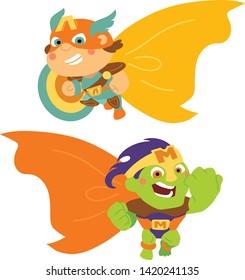 Set of cute superheroes in masks, protective suits and cloaks. Flying cartoon characters. Vector graphics white isolated

