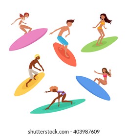Set of cute surfers with surfboards. Surfing characters. Vector illustration.