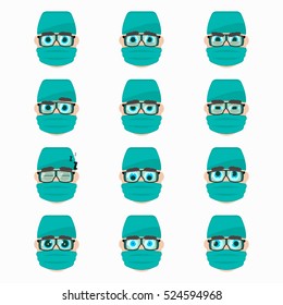 Set of cute surgeon emoticons. Vector illustration.