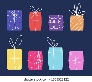 С colección con bonitas cajas de regalo sorpresa. Ilustración vectorial de acciones