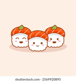 Set Cute Sushi Character. Kawaii Japanese Food Illustration