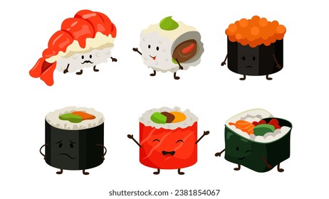 Conjunto de personajes de sushi bonitos en estilo de dibujos animados.Ilustración vectorial de personajes de sushi con diferentes emociones y poses: alegre, juguetona, triste, sonriente, guiñando el ojo aislado en un fondo blanco.