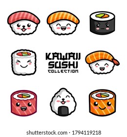 set of cute sushi in kawaii style vector illustration. Japanese food. Japanese traditional cuisine dishes. Kawaii sushi hand drawn on white background.