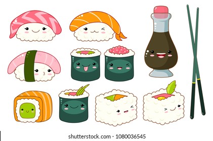 Set of cute sushi and rolls icons in kawaii style with smiling face and pink cheeks. Japanese traditional cuisine dishes. Bottle with soy souse, chopsticks, nigiri, tamago, uramaki, futomaki. EPS8  