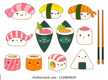 Set of cute sushi and rolls icons in kawaii style with smiling face and pink cheeks. Japanese traditional cuisine dishes. Temaki, chopsticks, nigiri, tamago, uramaki, futomaki. EPS8  