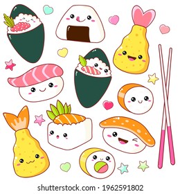 Set of cute sushi and rolls icons in kawaii style with smiling face and pink cheeks. Japanese traditional cuisine dishes. Temaki, tempura, nigiri, tamago, uramaki, futomaki. EPS8  