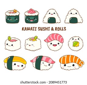 Set of cute sushi and rolls icons in kawaii style with smiling face and pink cheeks. Japanese traditional cuisine dishes. Temaki, chopsticks, nigiri, tamago, uramaki, futomaki. EPS8  