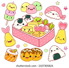 Set of cute sushi and rolls icons in kawaii style with smiling face and pink cheeks. Japanese traditional cuisine dishes. Temaki, bento box, mochi, tempura, takoyaki, sanshoku dango. Vector EPS8  