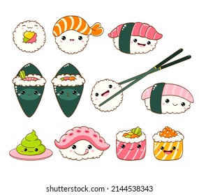 Set of cute sushi and rolls icons in kawaii style with smiling face and pink cheeks. Japanese traditional cuisine dishes. Temaki, chopsticks, nigiri, tamago, uramaki, futomaki, wasabi. EPS8  