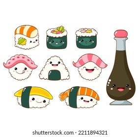 Set of cute sushi and rolls in kawaii style with smiling face and pink cheeks. Japanese traditional cuisine dishes. Temaki, soy sauce, nigiri, tamago, uramaki, futomaki. Vector illustration EPS8  