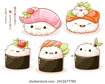 süße Sushi- und Brötchen im kawaii-Stil mit lächelnden Gesichtern. Japanische traditionelle Küche. Kann für T-Shirt-Druck, Aufkleber, Grußkarte, Menü-Design verwendet werden. Vektorgrafik EPS8  