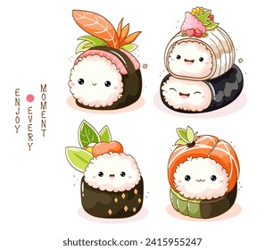 Conjunto de sushi y panecillos bonitos al estilo kawaii con caras sonrientes. Cocina tradicional japonesa. Se puede usar para imprimir camisetas, pegatinas, tarjetas de felicitación, diseño de menús. Ilustración del vector EPS8  