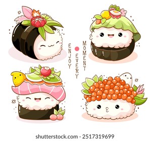 Set of cute sushi and rolls in kawaii style with smiling faces. Japanese traditional cuisine dishes. Can be used for t-shirt print, sticker, greeting card, menu design. Vector illustration EPS8  