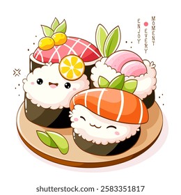 Set of cute sushi and rolls in kawaii style with smiling faces. Japanese traditional cuisine dishes. Can be used for t-shirt print, sticker, greeting card, menu design. Vector illustration EPS8  