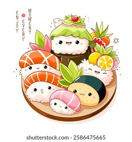 Set of cute sushi and rolls in kawaii style with smiling faces. Japanese traditional cuisine dishes. Can be used for t-shirt print, sticker, greeting card, menu design. Vector illustration EPS8  