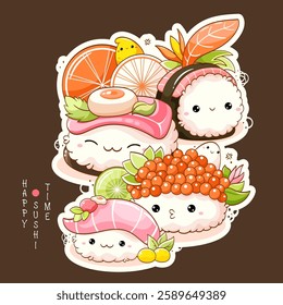 Set of cute sushi and rolls in kawaii style with smiling faces. Japanese traditional cuisine dishes. Can be used for t-shirt print, sticker, greeting card, menu design. Vector illustration EPS8  