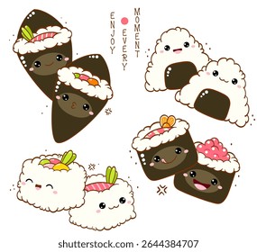 Set of cute sushi and rolls in kawaii style with smiling faces. Japanese traditional cuisine dishes. Can be used for t-shirt print, sticker, card, menu design. Vector illustration EPS8 