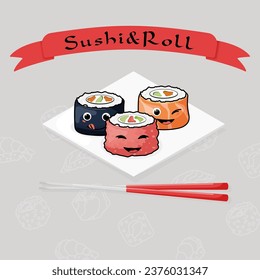 A set of cute sushi and rolls with a smiling cheerful face. Dishes of Japanese traditional cuisine. Vector illustration