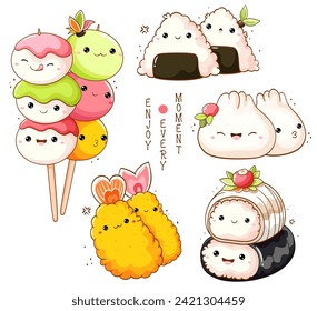 Set of cute sushi, rolls, tempura, dango, dumplings in kawaii style with smiling faces. Japanese traditional cuisine dishes. Can be used for t-shirt print, sticker, card, menu design. Vector EPS8 