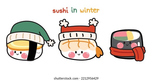 Set of cute sushi with winter costume.Japanese food cartoon hand drawn.Merry christmas concept.Kawaii.Vector.Illustration.