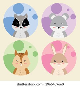 
Set of Cute and sweet animals Vector illustration: Chipmunk Raccoon Rabbit Mouse.