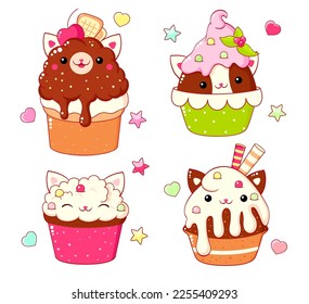 Set of cute sweet animal-shaped desserts in kawaii style. Cat-shaped cake, muffin and cupcake with whipped cream. Vector illustration EPS8