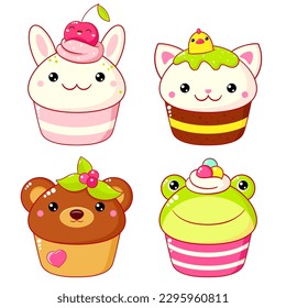 Set of cute sweet animal-shaped desserts in kawaii style. Cake, muffin and cupcake with whipped cream and berry. Frog, bear, bunny and cat. Vector illustration EPS8