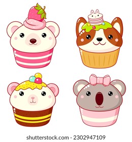 Set of cute sweet animal-shaped desserts in kawaii style. Cake, muffin and cupcake with whipped cream and berry. Koala, polar bear, mouse and dog. Vector illustration EPS8