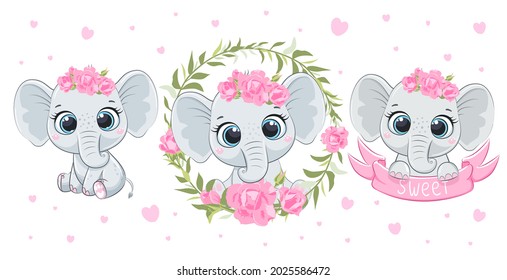 A set of cute and sweet baby elephants. Baby elephant girl. Vector illustration of a cartoon.