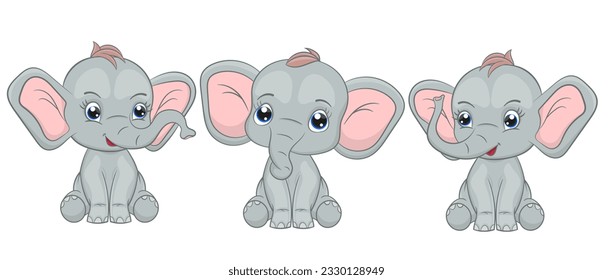 A set of cute and sweet baby elephants. Baby elephant cartoon style vector illustration isolated on white