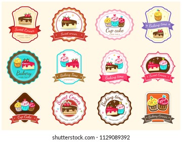Set of cute sweet bakery badge label and logo