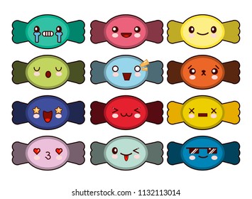 Set of cute sweet candy icons in kawaii style with smiling face for sweet design. vector illustration