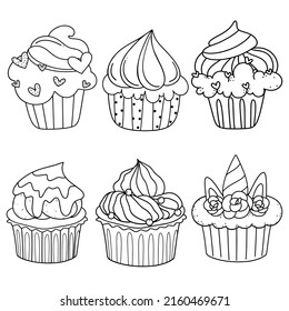 A set of cute sweet cupcake with cream, hearts, unicorn. Kawaii coloring page. Black and white illustration for kids coloring book.