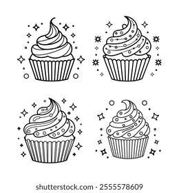 A Set Of Cute Sweet Cupcake With Cream With Coloring Page. Black And White Illustration For Kids Coloring Book.