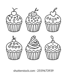 A Set Of Cute Sweet Cupcake With Cream With Coloring Page. Black And White Illustration For Kids Coloring Book.
