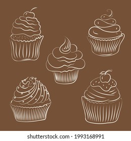 Juego de quequitos dulces adorables, vector, contorno.