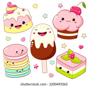 Set of cute sweet desserts in kawaii style with smiling face and pink cheeks for sweet design. Cake, muffin, cupcake, ice cream, macarons. Vector illustration EPS8