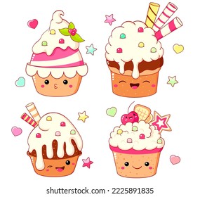 Set of cute sweet desserts in kawaii style with smiling face and pink cheeks for sweet design. Cake, muffin and cupcake with whipped cream. Vector illustration EPS8