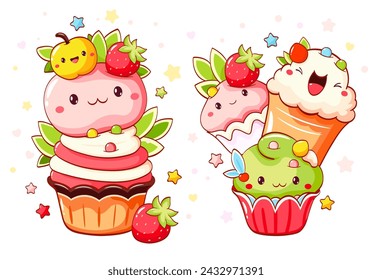 Conjunto de dulces postres lindos en estilo kawaii con cara sonriente y mejillas rosadas. Pastel, magdalena y magdalena con crema batida, cereza y fresa. Ilustración vectorial EPS8