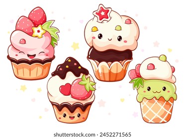 Set of cute sweet desserts in kawaii style with smiling face and pink cheeks. Cake, muffin and cupcake with whipped cream, strawberry. Vector illustration EPS8