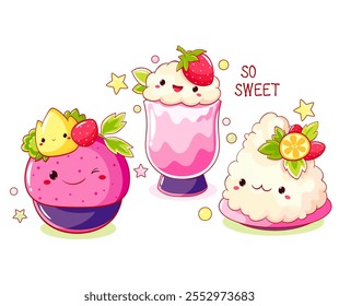 Conjunto de postres dulces lindos en estilo kawaii con cara sonriente y mejillas rosadas. Pastel, muffin y cupcake con crema batida, fresa. Ilustración vectorial EPS8