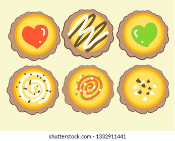Set cute sweet desserts on a light background, egg tarts, cookies or cupcakes. Vector images are used for illustration, clip art, stickers and food articles.