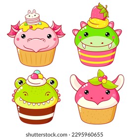 Set of cute sweet dragon-shaped desserts in kawaii style. Cake, muffin and cupcake with whipped cream and berry. Vector illustration EPS8 