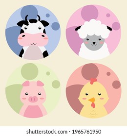 Set of Cute and sweet Farm animals  Vector illustration: Cow Pig Chiken Sheep