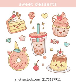 Set of cute sweet food desserts sticker icon in kawaii style illustration