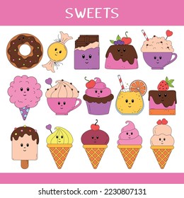 Set de lindos dulces y bebidas para los niños. Colección de vectores