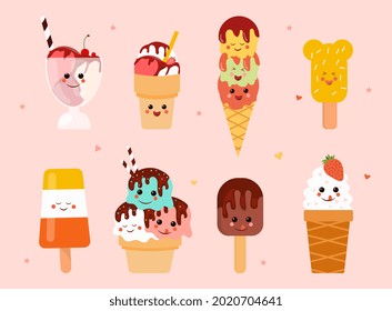 Set of cute sweet ice cream icons in kawaii style with smiling face and pink cheeks on pink background. Ice cream, cake, sundae kids, cupcake, donuts. Flat cartoon vector illustration