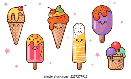 Set of cute sweet ice cream in cartoon style. Vector illustration of funny kawaii ice cream characters with different toppings and shapes and stars isolated on white background.