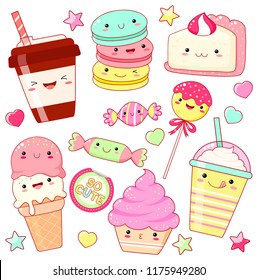 Set of cute sweet icons in kawaii style with smiling face and pink cheeks for sweet design. Sticker with inscription So cute. Ice cream, candy, cap with coffee, soda, cupcake, macarons. EPS8  